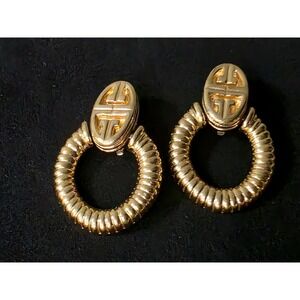 Vintage Givenchy LOGO Door Knocker Earrings Gold Plated Ribbed Clip 80s